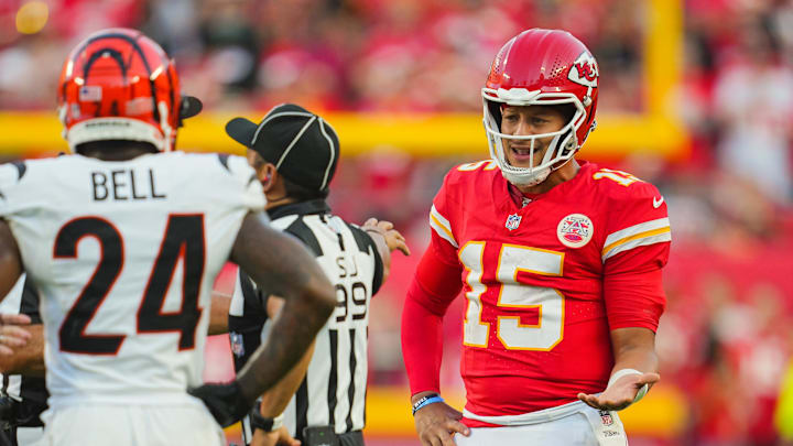 Kansas City Chiefs quarterback Patrick Mahomes talks with officials during the second half against the Cincinnati Bengals.