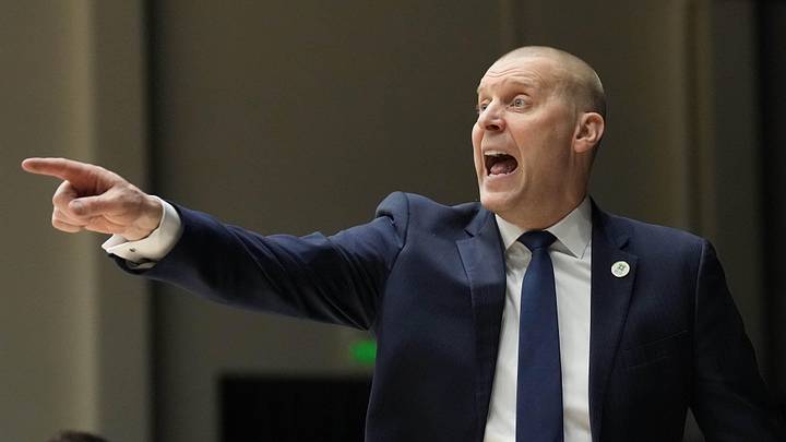 Feb 19, 2022; Moraga, California, USA; Brigham Young Cougars head coach Mark Pope yells from the bench during the first half against the Saint Mary's Gaels at University Credit Union Pavilion. Mandatory Credit: Darren Yamashita-Imagn Images