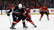 Feb 20, 2025; Boston, MA, USA; [Imagn Images direct customers only]  Team USA forward Chris Kreider (20) holds back Team Canada defenseman Cale Makar (8) during the third period during the 4 Nations Face-Off ice hockey championship game at TD Garden. 