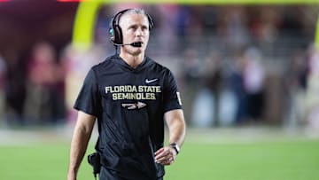 Florida State Seminoles head coach Mike Norvell walks down the field. The Miami Hurricanes lead the Florida State Seminoles 14-3 at the half on Saturday, Oct. 4, 2025.