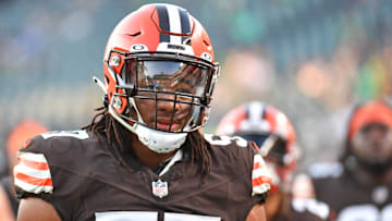 Aug 17, 2023; Philadelphia, Pennsylvania, USA; Cleveland Browns defensive end Isaiah McGuire (57) against the Philadelphia Eagles at Lincoln Financial Field. Mandatory Credit: Eric Hartline-Imagn Images
