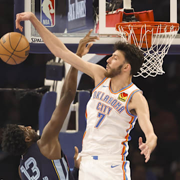 Dec 18, 2023; Oklahoma City, Oklahoma, USA; Oklahoma City Thunder forward Chet Holmgren (7) blocks a shot by Memphis Grizzlies forward Jaren Jackson Jr. (13) during the first quarter at Paycom Center. Mandatory Credit: Alonzo Adams-Imagn Images