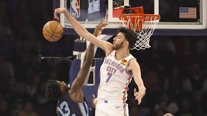 Dec 18, 2023; Oklahoma City, Oklahoma, USA; Oklahoma City Thunder forward Chet Holmgren (7) blocks a shot by Memphis Grizzlies forward Jaren Jackson Jr. (13) during the first quarter at Paycom Center. Mandatory Credit: Alonzo Adams-Imagn Images