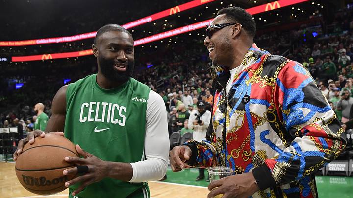 Mar 22, 2026; Boston, Massachusetts, USA;  Boston Celtics guard Jaylen Brown (7) and former Celtics Paul Pierce talk before a game against the Minnesota Timberwolves at TD Garden. Mandatory Credit: Bob DeChiara-Imagn Images