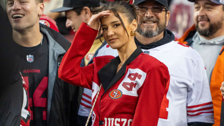 Kristin Juszczyk, wife of San Francisco 49ers fullback Kyle Juszczyk (44), before a 2024 NFC divisional round game against the Green Bay Packers at Levi's Stadium.