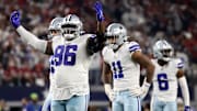 Jan 16, 2022; Arlington, Texas, USA; Dallas Cowboys defensive tackle Neville Gallimore (96) gestures prior to a play against the San Francisco 49ers during the second half of the NFC Wild Card playoff football game at AT&T Stadium. Mandatory Credit: Kevin Jairaj-Imagn Images