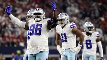 Jan 16, 2022; Arlington, Texas, USA; Dallas Cowboys defensive tackle Neville Gallimore (96) gestures prior to a play against the San Francisco 49ers during the second half of the NFC Wild Card playoff football game at AT&T Stadium. Mandatory Credit: Kevin Jairaj-Imagn Images