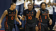 Jan 25, 2025; Berkeley, California, USA; Miami Hurricanes guard Paul Djobet (10) reacts after he was called for a foul against the California Golden Bears during the first half at Haas Pavilion. Mandatory Credit: D. Ross Cameron-Imagn Images