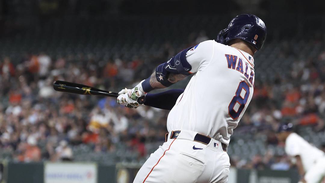 Houston Astros first baseman Christian Walker (8) hits an RBI double. Houston Astros first baseman Christian Walker (8) hits an RBI double.