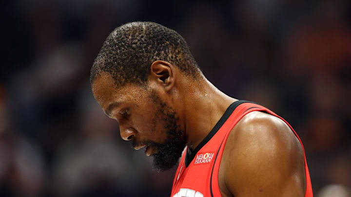 Apr 7, 2026; Phoenix, Arizona, USA; Houston Rockets forward Kevin Durant (7) reacts against the Phoenix Suns at Mortgage Matchup Center. Mandatory Credit: Mark J. Rebilas-Imagn Images