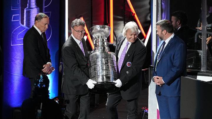 Jun 14, 2026; Las Vegas, Nevada, USA;  the Stanley Cup is brought to the ice to present to the Carolina Hurricanes after the win against the Vegas Golden Knights in game six of the 2026 Stanley Cup Final at T-Mobile Arena. Mandatory Credit: Lucas Peltier-Imagn Images