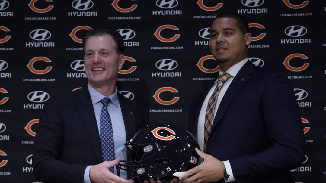 Jan 31, 2022; Lake Forest, IL, USA; Chicago Bears-Head Coach Matt Eberflus (left) and new Bears