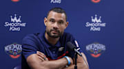 Sep 26, 2022; New Orleans, LA, USA;  New Orleans Pelicans general manager Trajan Langdon during a press conference at the New Orleans Pelicans Media Day from the Smoothie King Center. Mandatory Credit: Stephen Lew-Imagn Images