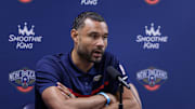 Sep 26, 2022; New Orleans, LA, USA;  New Orleans Pelicans general manager Trajan Langdon during a press conference at the New Orleans Pelicans Media Day from the Smoothie King Center. Mandatory Credit: Stephen Lew-Imagn Images
