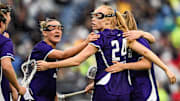 Northwestern Women's Lacrosse celebrates after Riley Campbell scores in the first quarter.