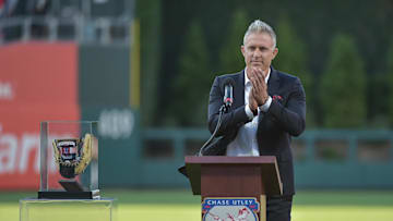 Jun 21, 2019; Philadelphia, PA, USA; Former Philadelphia Phillies second baseman Chase Utley speaks at a ceremony celebrating his retirement before the game between the Philadelphia Phillies and the Miami Marlins at Citizens Bank Park. Mandatory Credit: John Geliebter-Imagn Images