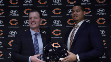 Jan 31, 2022; Lake Forest, IL, USA; Chicago Bears-Head Coach Matt Eberflus (left) and new Bears