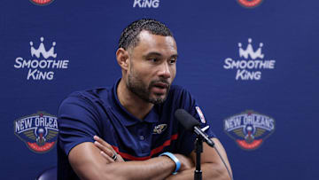 Sep 26, 2022; New Orleans, LA, USA;  New Orleans Pelicans general manager Trajan Langdon during a press conference at the New Orleans Pelicans Media Day from the Smoothie King Center. Mandatory Credit: Stephen Lew-Imagn Images