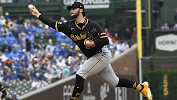 Jun 13, 2025; Chicago, Illinois, USA;  Pittsburgh Pirates pitcher Paul Skenes (30) delivers against the Chicago Cubs during the first inning at Wrigley Field. 
