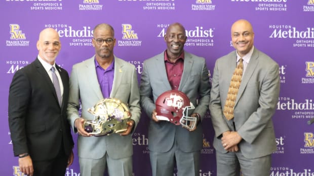 Prairie View's AD Anton Goff, Head Coach Bubba McDowell with Texas Southern Head Coach Cris Dishman and VP & AD Dr. Kevin Gra