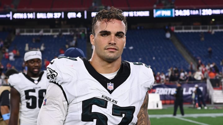 Aug 15, 2024; Foxborough, MA, USA; Philadelphia Eagles linebacker Ben VanSumeren (57) leaves the field after a game against the New England Patriots at Gillette Stadium. 