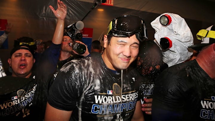 Oct 31, 2024: Shohei Ohtani celebrates in the locker room after the Los Angeles Dodgers beat the New York Yankees in the World Series. Oct 31, 2024: Shohei Ohtani celebrates in the locker room after the Los Angeles Dodgers beat the New York Yankees in the World Series.