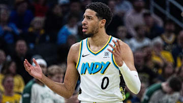 Dec 31, 2024; Indianapolis, Indiana, USA; Indiana Pacers guard Tyrese Haliburton (0) reacts to a call  in the first half against the Milwaukee Bucks at Gainbridge Fieldhouse. Mandatory Credit: Trevor Ruszkowski-Imagn Images