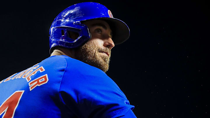 Jul 31, 2024; Cincinnati, Ohio, USA; Chicago Cubs designated hitter Cody Bellinger (24) stands in the dugout in the eighth inning in the game against the Cincinnati Reds at Great American Ball Park