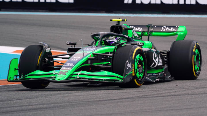 May 3, 2024; Miami Gardens, Florida, USA; Kick Sauber driver Zhou Gunayu (24) races into turn one during F1 practice at Miami International Autodrome. Mandatory Credit: John David Mercer-USA TODAY Sports