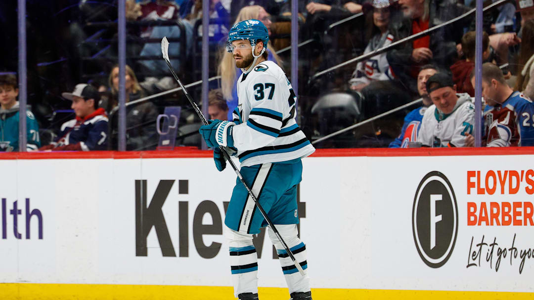 Feb 4, 2026; Denver, Colorado, USA; San Jose Sharks defenseman Timothy Liljegren (37) after scoring a goal in the third period against the Colorado Avalanche at Ball Arena. Mandatory Credit: Isaiah J. Downing-Imagn Images