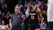 Feb 15, 2025; Tucson, Arizona, USA; Houston Cougars head Kelvin Sampson talks with forward J’Wan Roberts (13) during the first half against the Arizona Wildcats at McKale Center. Mandatory Credit: Aryanna Frank-Imagn Images