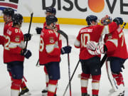 Jun 8, 2024; Sunrise, Florida, USA; Florida Panthers celebrate their win against the Edmonton Oilers in Game 1 of the 2024 Stanley Cup Final at Amerant Bank Arena.