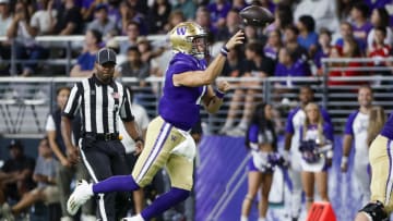 Aug 31, 2024; Seattle, Washington, USA; Washington Huskies quarterback Will Rogers (7) passes against the Weber State Wildcats during the second quarter at Alaska Airlines Field at Husky Stadium. Mandatory Credit: Joe Nicholson-USA TODAY Sports