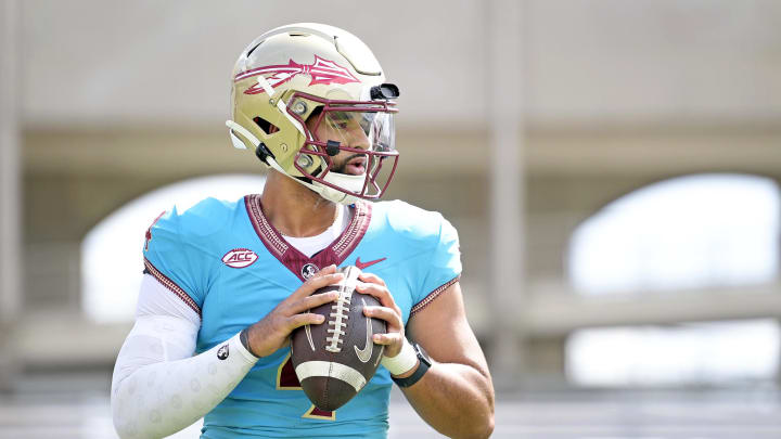 Apr 20, 2024; Tallahassee, Florida, USA; Florida State Seminoles quarterback DJ Uiagalelei (4) during the Spring Showcase at Doak S. Campbell Stadium. Mandatory Credit: Melina Myers-USA TODAY Sports