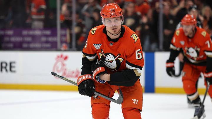 May 14, 2026; Anaheim, California, USA; Anaheim Ducks center Mikael Granlund (64) reacts after scoring a power-play goal against Vegas Golden Knights during the second period of game six of the second round of the 2026 Stanley Cup Playoffs at Honda Center. Mandatory Credit: Kiyoshi Mio-Imagn Images