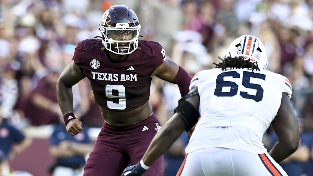 Sep 27, 2025; College Station, Texas, USA; Texas A&M Aggies defensive end Cashius Howell (9) defends in coverage against the Auburn Tigers during the fourth quarter at Kyle Field. Mandatory Credit: Maria Lysaker-Imagn Images 