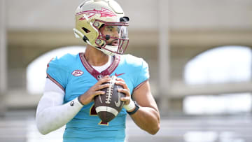 Apr 20, 2024; Tallahassee, Florida, USA; Florida State Seminoles quarterback DJ Uiagalelei (4) during the Spring Showcase at Doak S. Campbell Stadium. Mandatory Credit: Melina Myers-USA TODAY Sports