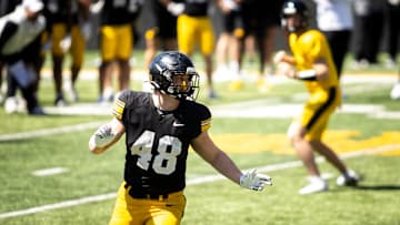 Apr 26, 2025; Iowa City, IA, USA; Iowa tight end Zach Ortwerth (48) blocks during a spring NCAA football open practice at Kinnick Stadium. Mandatory Credit: Joseph Cress/For the Register