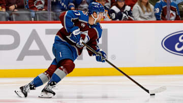 Oct 14, 2024; Denver, Colorado, USA; Colorado Avalanche center Casey Mittelstadt (37) controls the puck in the third period against the New York Islanders at Ball Arena. Mandatory Credit: Isaiah J. Downing-Imagn Images