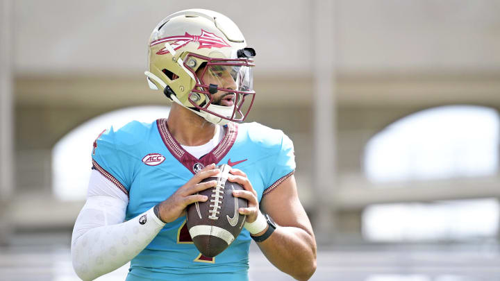 Apr 20, 2024; Tallahassee, Florida, USA; Florida State Seminoles quarterback DJ Uiagalelei (4) during the Spring Showcase at Doak S. Campbell Stadium.