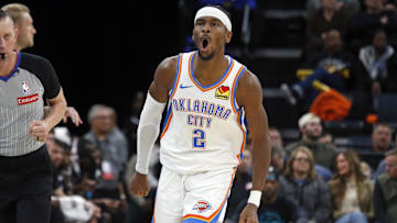 Nov 9, 2025; Memphis, Tennessee, USA; Oklahoma City Thunder guard Shai Gilgeous-Alexander (2) reacts after a three point basket during the fourth quarter against the Memphis Grizzlies at FedExForum. Mandatory Credit: Petre Thomas-Imagn Images
