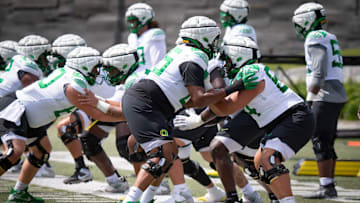 Oregon offensive linemen Ajani Cornelius, left, and Ty Delgado at practice, August 2024. Episode two of "Under Construction" came out Thursday night.