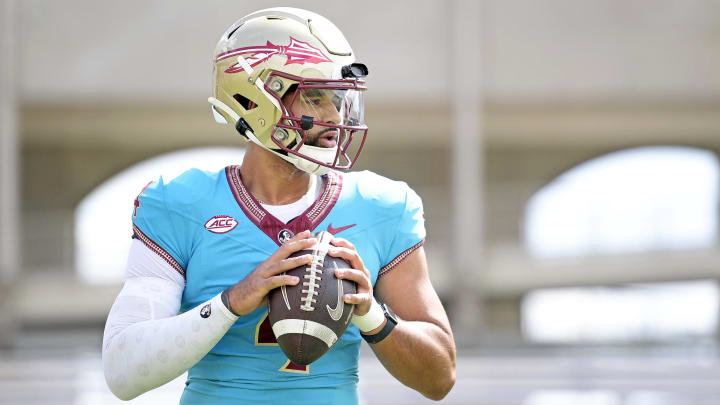 Apr 20, 2024; Tallahassee, Florida, USA; Florida State Seminoles quarterback DJ Uiagalelei (4) during the Spring Showcase at Doak S. Campbell Stadium. Mandatory Credit: Melina Myers-USA TODAY Sports