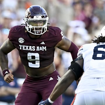Sep 27, 2025; College Station, Texas, USA; Texas A&M Aggies defensive end Cashius Howell (9) defends in coverage against the Auburn Tigers during the fourth quarter at Kyle Field. Mandatory Credit: Maria Lysaker-Imagn Images 