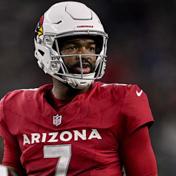 Nov 3, 2025; Arlington, Texas, USA; Arizona Cardinals quarterback Jacoby Brissett (7) sets the play at the line during the game between the Dallas Cowboys and the Arizona Cardinals at AT&T Stadium. Mandatory Credit: Jerome Miron-Imagn Images