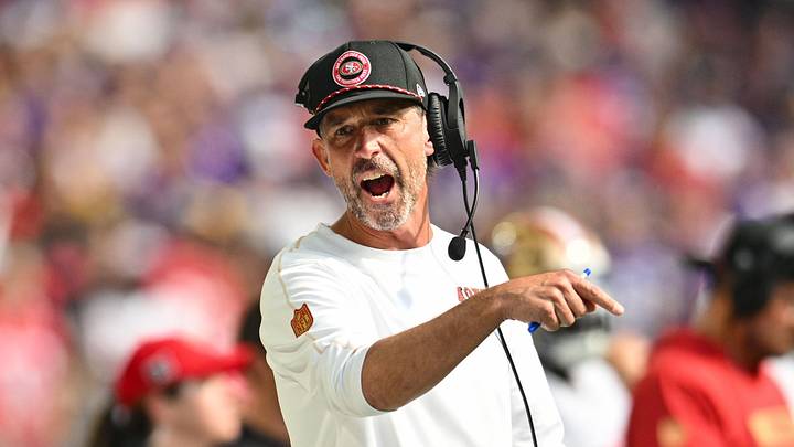Sep 15, 2024; Minneapolis, Minnesota, USA; San Francisco 49ers head coach Kyle Shanahan reacts during the fourth quarter against the Minnesota Vikings U.S. Bank Stadium. Mandatory Credit: Jeffrey Becker-Imagn Images