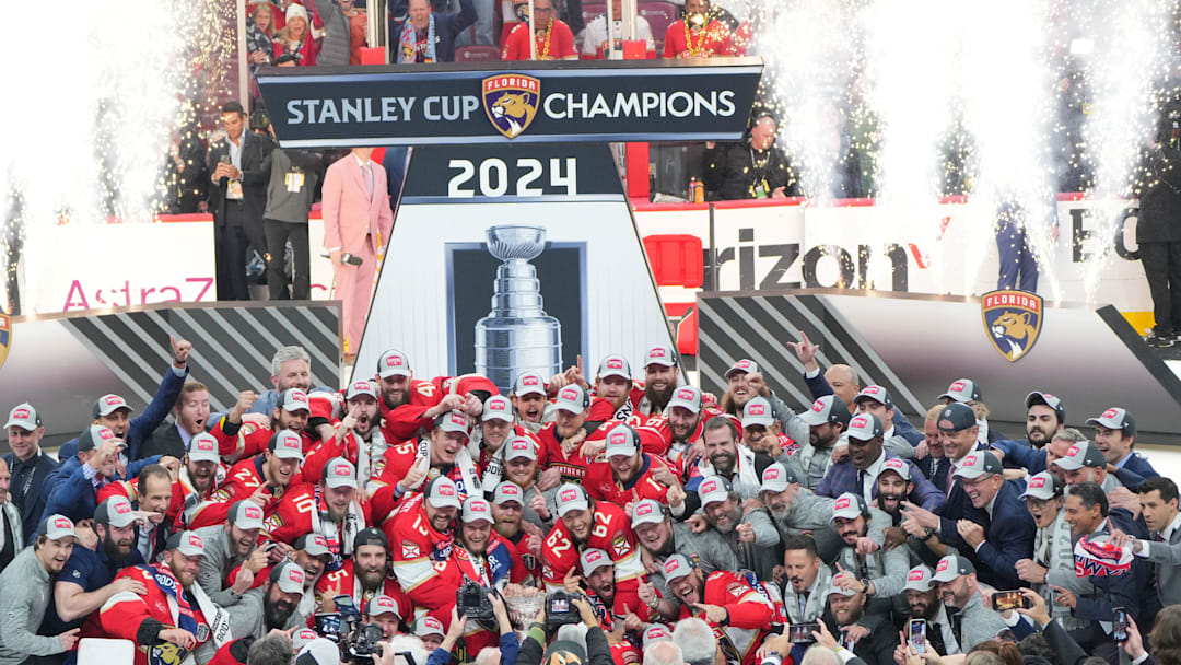 The Florida Panthers celebrate winning the Stanley Cup against the Edmonton Oilers: Jim Rassol-Imagn Images