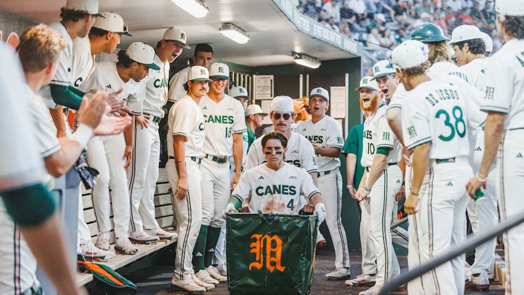 The Miami Hurricanes Baseball team celebrating a victory against Notre Dame 