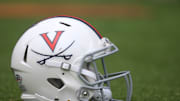 Oct 28, 2017; Pittsburgh, PA, USA;  A Virginia Cavaliers helmet on the field against the Pittsburgh Panthers during the first quarter at Heinz Field. PITT won 31-14. Mandatory Credit: Charles LeClaire-Imagn Images