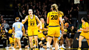 Iowa guard Caitlin Clark (22) reacts after making a 3-point basket during a NCAA women's basketball game against Southern University, Monday, Nov. 7, 2022, at Carver-Hawkeye Arena in Iowa City, Iowa.